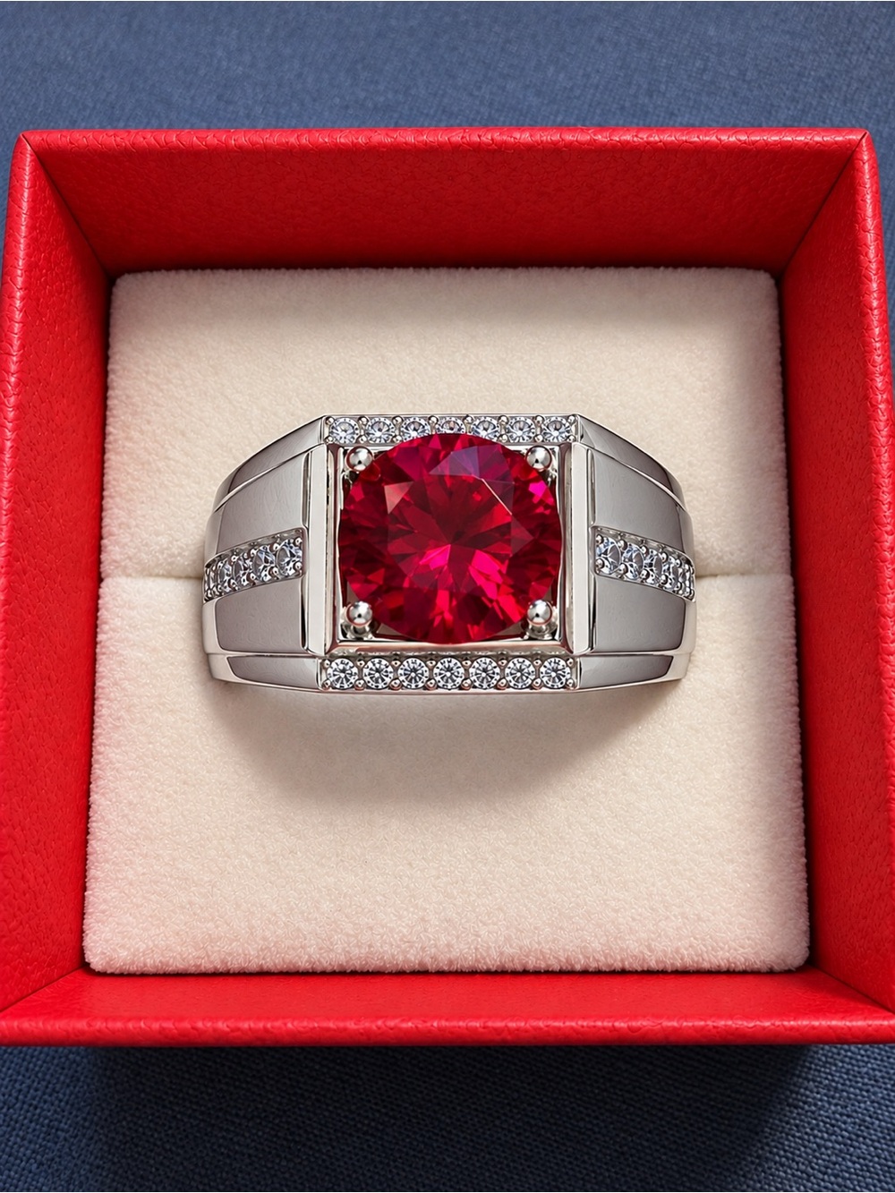 Men’s 2 CT Red Moissanite White Gold Plated Ring